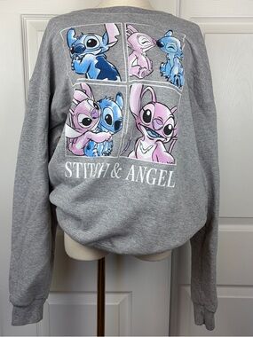 Stitch & Angel Graphic Sweatshirt - Gray with Blue & Pink Print